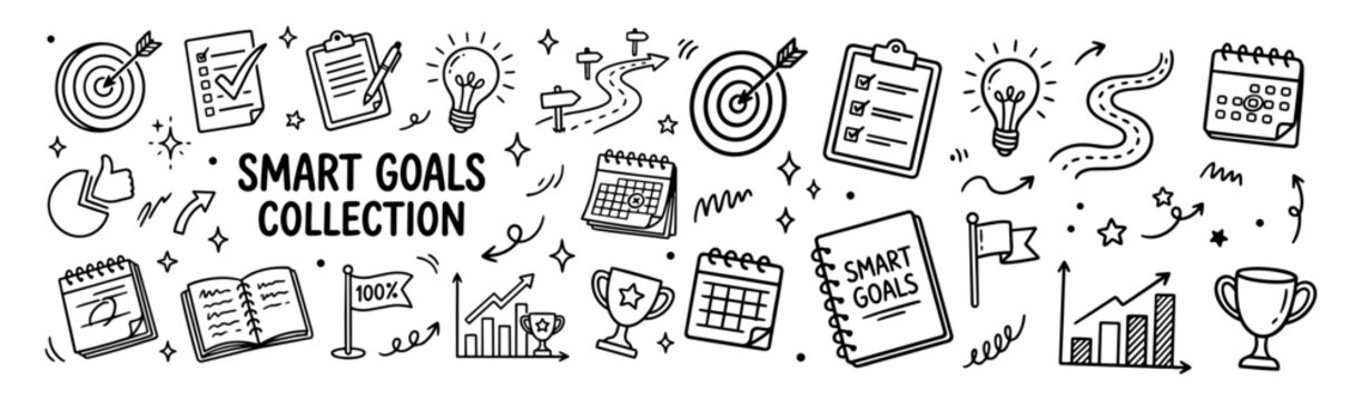 Hand drawn doodle vector mega pack of SMART goals featuring target, checklist, roadmap, calendar, milestone flag, progress chart, trophy and productivity elements isolated on white background