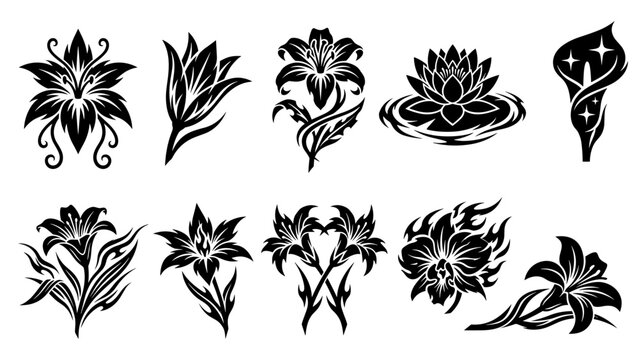 Collection of elegant gothic floral vector icons featuring lilies calla lily orchids lotus blossoms and sharp ornamental plant stencils for dark fantasy tattoo design
