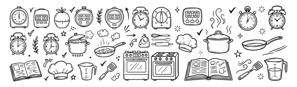 Hand drawn doodle vector mega pack of cooking timer featuring kitchen timers, stopwatches, alarm clocks, cooking pots, frying pans, ovens, recipe books and kitchen elements ,white background