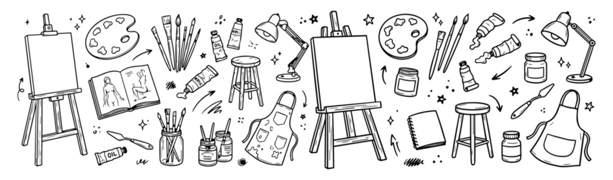 Hand drawn doodle vector mega pack of art studio featuring easel, canvas, paint palette, brushes, paint tubes, sketchbook, artist stool, paint supplies and creative tools isolated on white background