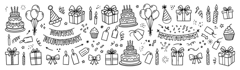 Fototapeta premium Hand drawn doodle vector mega pack of birthday crafts featuring birthday cake, balloons, party hats, wrapped gifts, candles, cupcakes, banners, confetti and gift tags isolated on white background