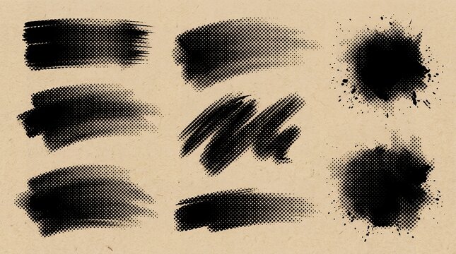 Black halftone ink brush strokes set with distressed dot pattern on textured paper background for graphic design.