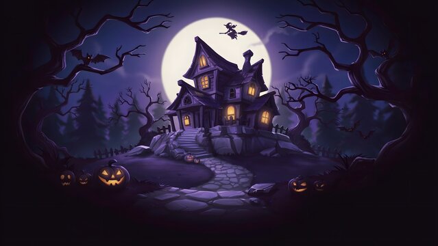 Spooky haunted house at night with full moon and glowing jack-o-lanterns for Halloween