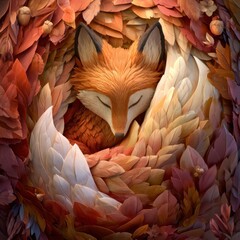 Naklejka premium Fox rests peacefully surrounded by vibrant leaves in a forest setting. The warm colors create a cozy atmosphere as nature embraces the character.