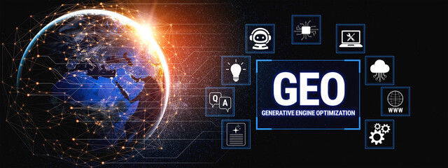 Obraz premium Futuristic Concept of Generative Engine Optimization with Digital Earth and Symbols Representing Technology and Innovation Fluxor.