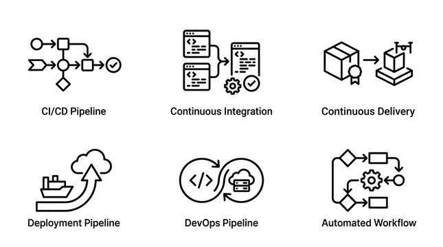 CI CD Pipeline and DevOps Automated Workflow Icon Set