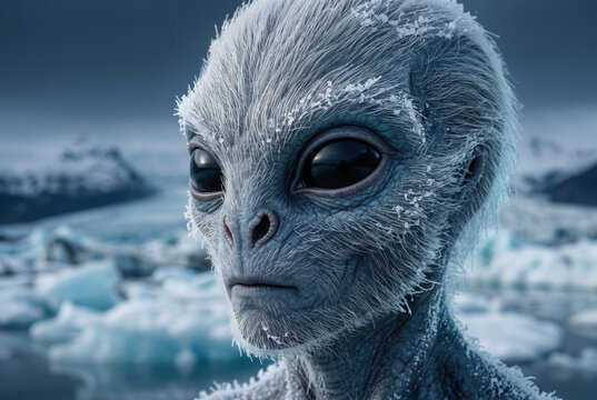 Frost Covered Alien With Large Black Eyes in Frozen Wilderness
