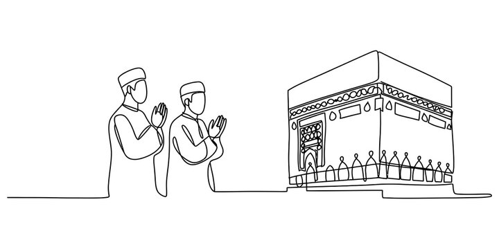 Two muslim men praying standing in front of the kaaba in mecca continuous line drawing style for islamic religious celebration and hajj pilgrimage Vector, illustration