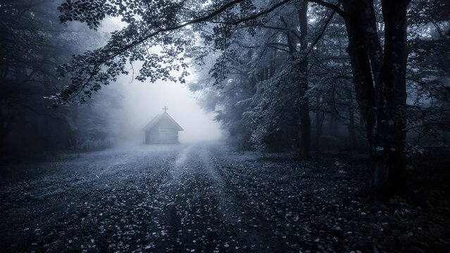 Small cabin in a dark misty forest at night with moody atmospheric fog and trees.