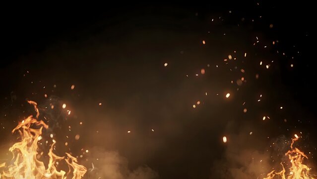 Bright orange fire flames and glowing embers rising against a dark black background.