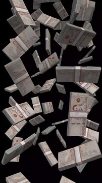 Vertical Thailand Money, Falling Thai Baht Bills Black Background, Premium Asia Bangkok Finance Cash Stacks, 4K