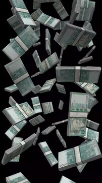 Vertical Armenia Money, Falling Armenian Dram Bills Black Background, Premium Caucasus Yerevan Finance Cash Stacks, 4K