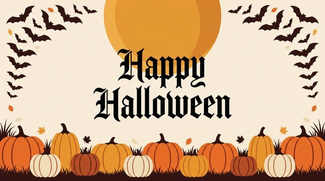Happy halloween greeting card design with pumpkins and bats under a full moon isolated on transparent background, isolated on white background, Vector Halloween abstract background new design 2026
