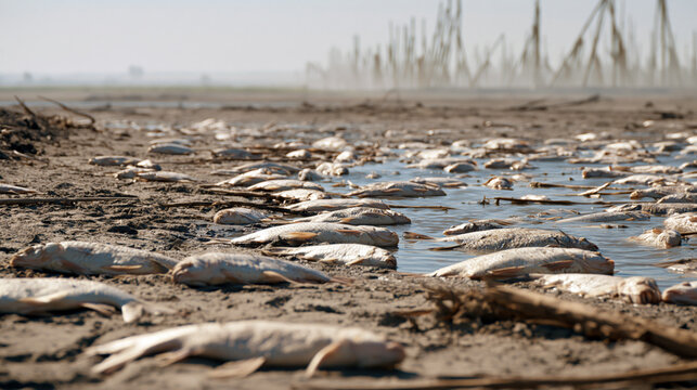 Dead fish in a dried riverbed beside abandoned farmland, symbolizing ecosystem collapse, food chain disruption and severe environmental decline