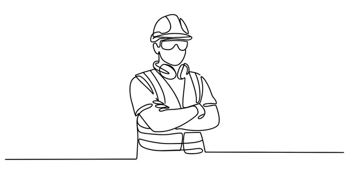 Continuous one line drawing of a male construction worker wearing a hard hat and safety vest standing with arms crossed in a professional pose Vector, illustration