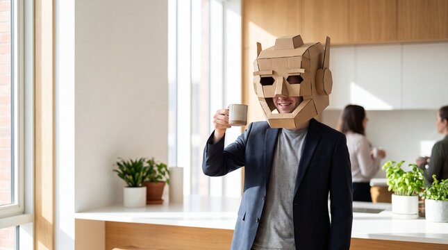 Smiling businessman wearing a DIY cardboard robot helmet holds a coffee cup in a bright modern office kitchen, symbolizing AI integration or workplace fun.