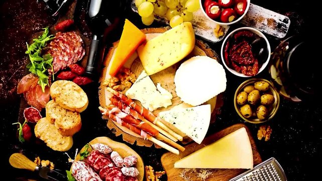 Rustic cheese and charcuterie board with wine and fruit