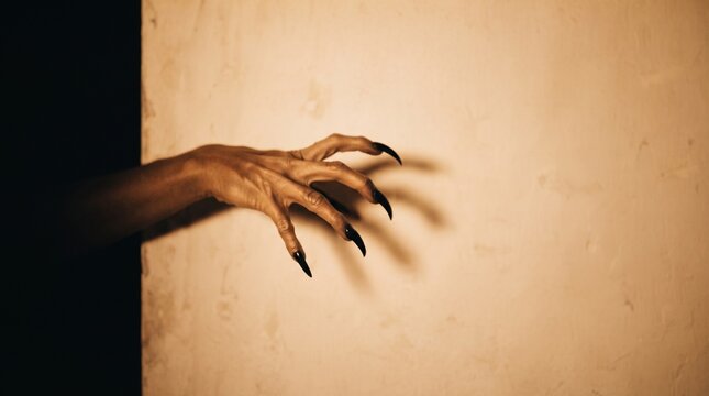 Scary monster hand with long sharp black nails reaching out from dark shadow on warm wall background copy space for creepy Halloween horror story poster banner flyer marketing sale promo