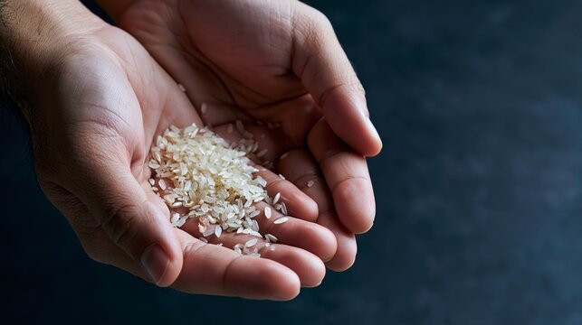 Hands protecting a few grains of rice against a dark background, symbolizing fragile food resources, scarcity and survival