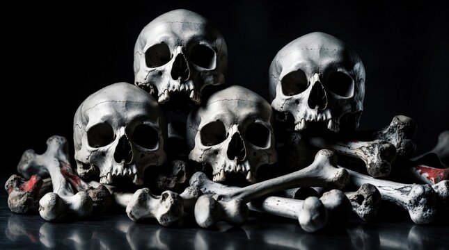 Three human skulls, many bones pile up in dark morgue. Still life arrangement of white craniums with scattered skeletal remains on black background. Macabre composition of death symbols for horror
