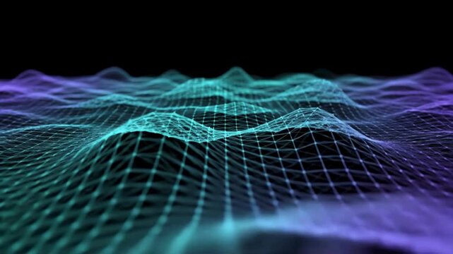 Abstract blue and purple digital terrain wireframe landscape grid network science technology data grid network science technology data