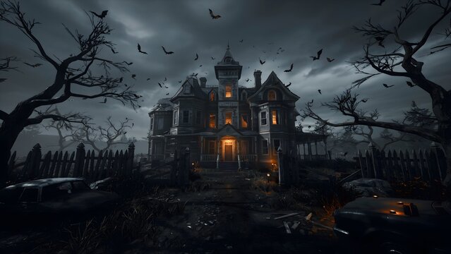 Haunted gothic mansion at night with eerie fog and illuminated windows in dark forest