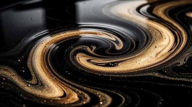 Abstract liquid texture with swirling black oil, gold glitter. Dynamic fluid motion creates luxury pattern of viscous dark substance. Shiny metallic waves flow in reflective deep space. Expensive