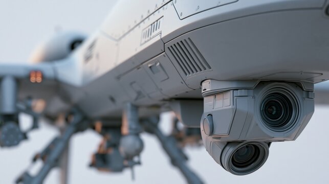 Close-up documentary style shot of advanced military drone camera system and sensors, shallow depth of field, metal textures, technical aviation details