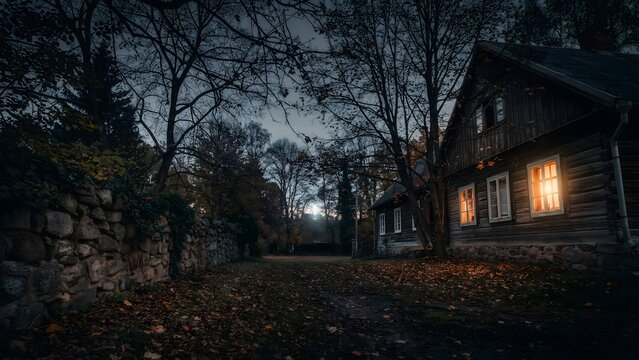 Old wooden house at night with glowing windows and autumn leaves in a dark forest setting