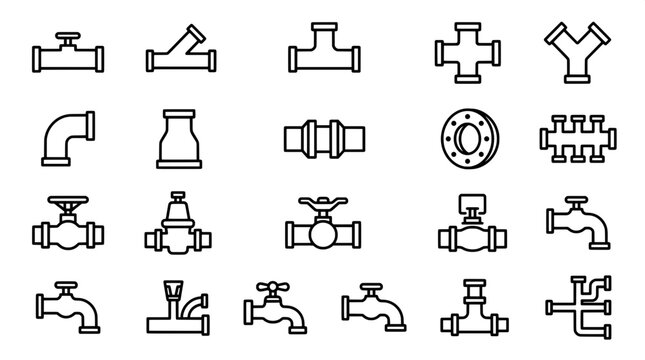 Industrial plumbing pipe fittings and valves line art icon set with t junction plumbing fixture plumbing industrial connection