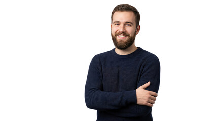 Fototapeta premium Studio portrait of smiling bearded man with crossed arms, casual navy sweater, isolated on white background