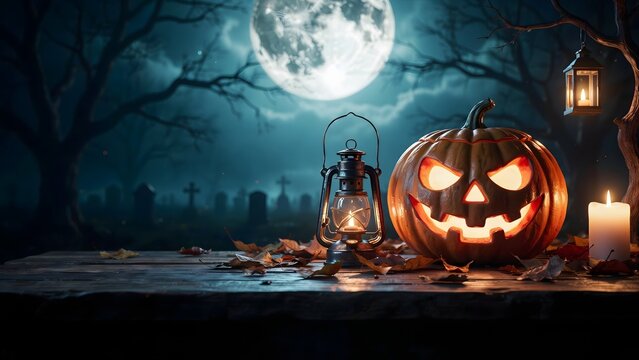 Halloween Pumpkin with Lantern and Candles in Spooky Night Scene
