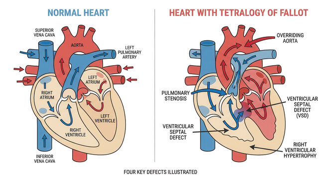 Medical illustration comparing a healthy human heart with Tetralogy of Fallot, showing pulmonary stenosis, ventricular septal defect, overriding aorta and right ventricular hypertrophy.