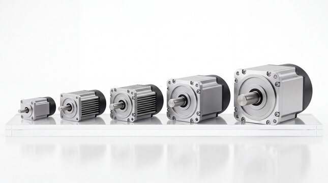 Industrial Servo Motors in Different Sizes for Factory Automation on White Background