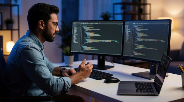 Man codes on dual monitors at night desk. Developer works on laptop and computer screens with programming language script. He gestures while thinking about software solutions and bug fixes.