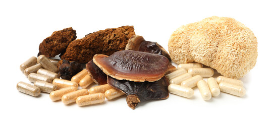 Different functional mushrooms and pills isolated on white © New Africa