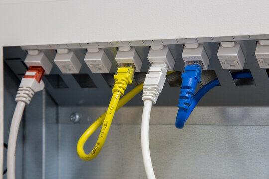 Cat6 Ethernet Cabes Connected to a Structured Network Patch Panel in a Communication Cabinet. The image shows multiple RJ45 network connections used for wired data transfer and internet distribution.