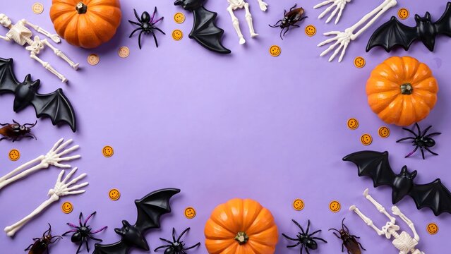 Halloween background with pumpkins, skeletons, bats and spiders on purple surface