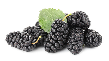 Pile of ripe mulberries and green leaf isolated on white © New Africa
