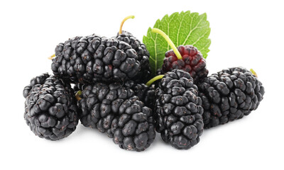 Pile of ripe mulberries and green leaf isolated on white © New Africa