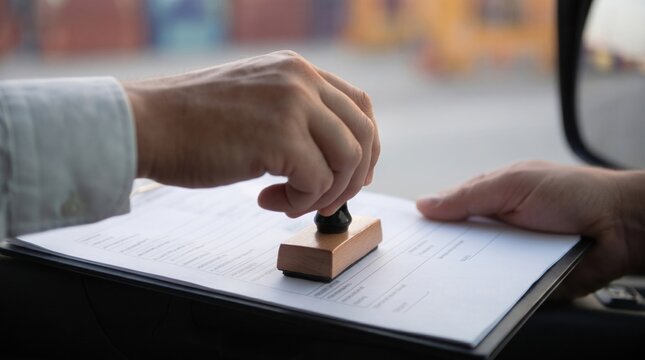 InputHand stamping a document on a clipboard in an office, contract authorization. Contract signing, legal paperwork, office process.