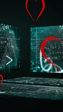 Animation of heart icons over mathematical equations over screens on black background