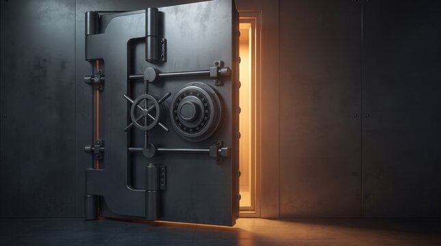 Large bank vault door slightly open showing stacks of gold, secure strongroom, finance storage. Vault access, secure assets, banking security.