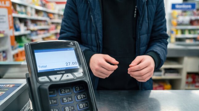 Contactless card payment at a store terminal, customer tapping card, retail transaction, POS device. Cashless checkout, card payment, in-store purchase.
