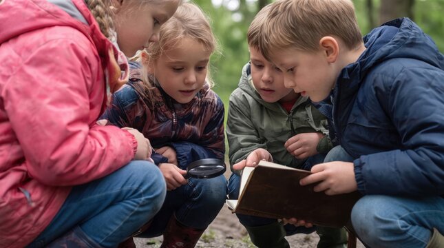 Three children crouched outdoors examining a tablet or book together, group learning and exploration in nature, kids study, outdoor education, curiosity.