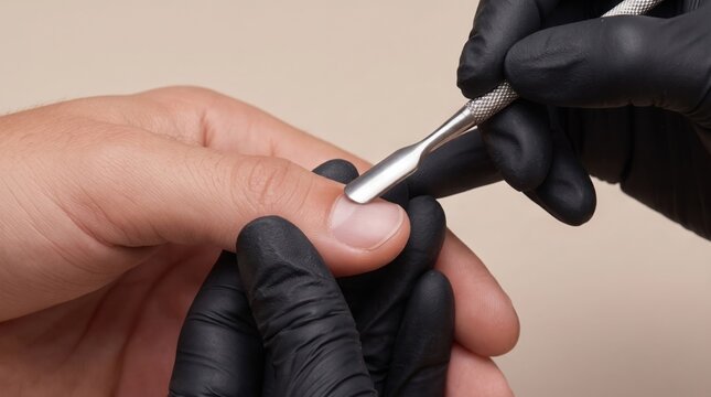 Manicure technician trimming nails with clippers while wearing gloves, close-up salon nail care and grooming service, beauty treatment, professional manicure.