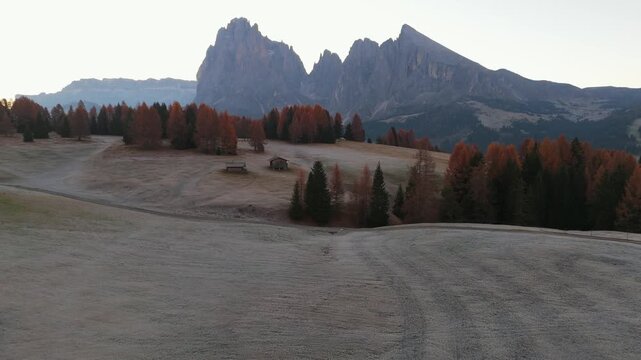 Aerial view of Alpine meadow mountain Plateau in autumn. South Tyrol, Italy
