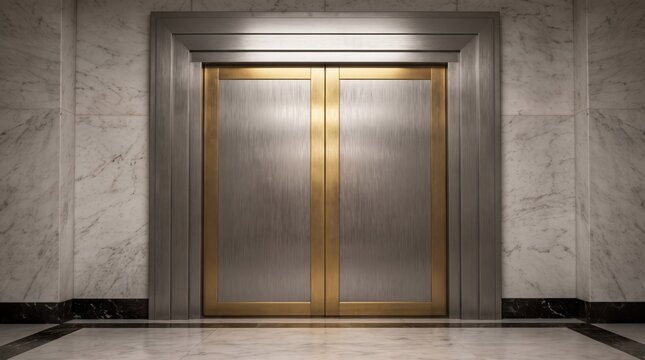 Closed brass elevator doors in a marble lobby, upscale interior and building entrance, elevator interior, architecture, luxury lobby.