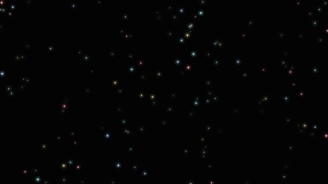 Abstract artistic background featuring a scattering of colorful glowing star shapes and tiny sparkles floating in the vast space motion, animation, loop, video