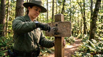 Fototapeta premium Woman adjusting wooden trail marker in lush forest setting